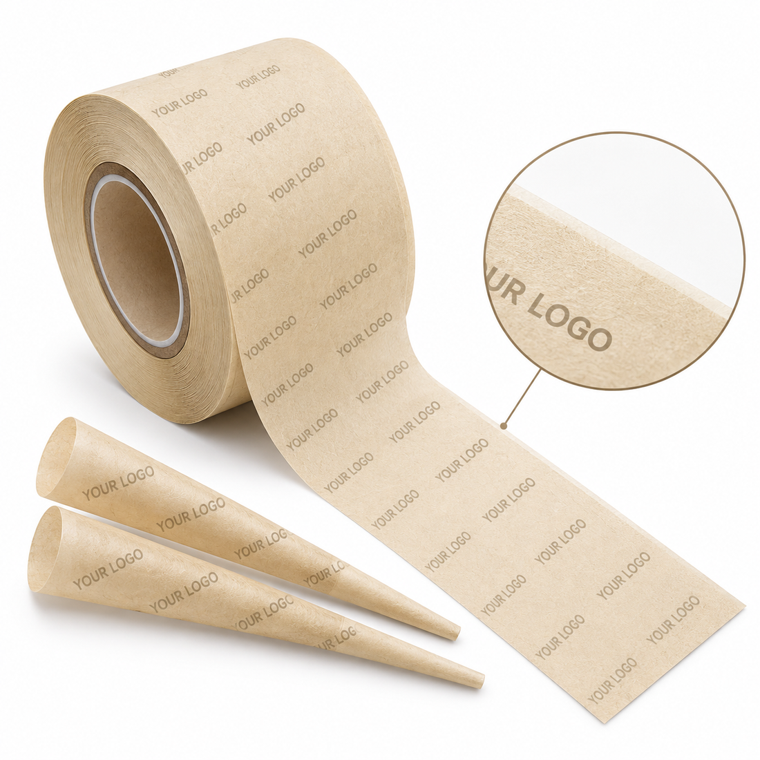 Natural wood pulp rolling paper bobbin with custom logo printing and cone examples
