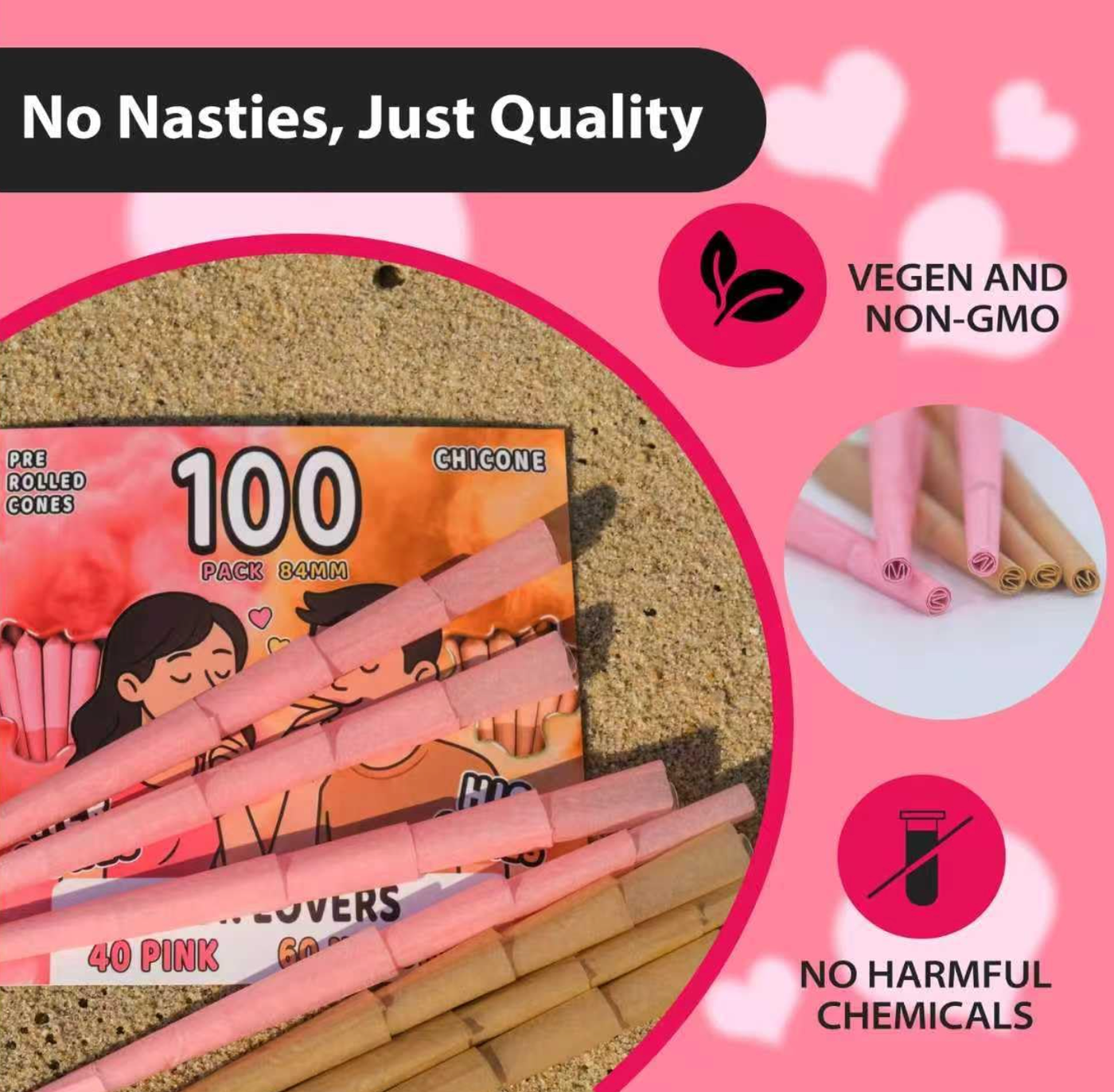 100 Pack Rolling Cones 40 Pack Pink + 60 Pack Wood Rolling Papers