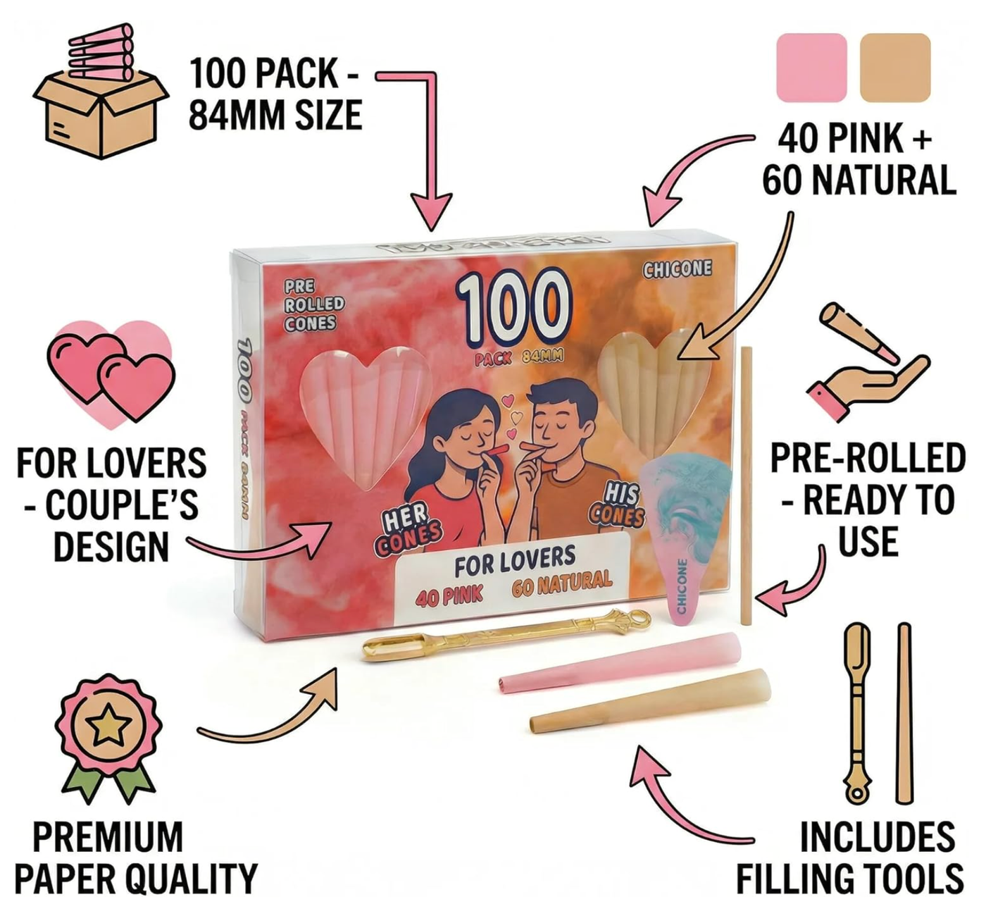 100 Pack Rolling Cones 40 Pack Pink + 60 Pack Wood Rolling Papers