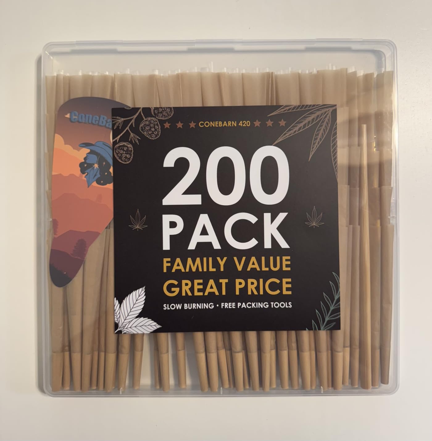 Customer photo showing a ConeBarn 420 200-count box