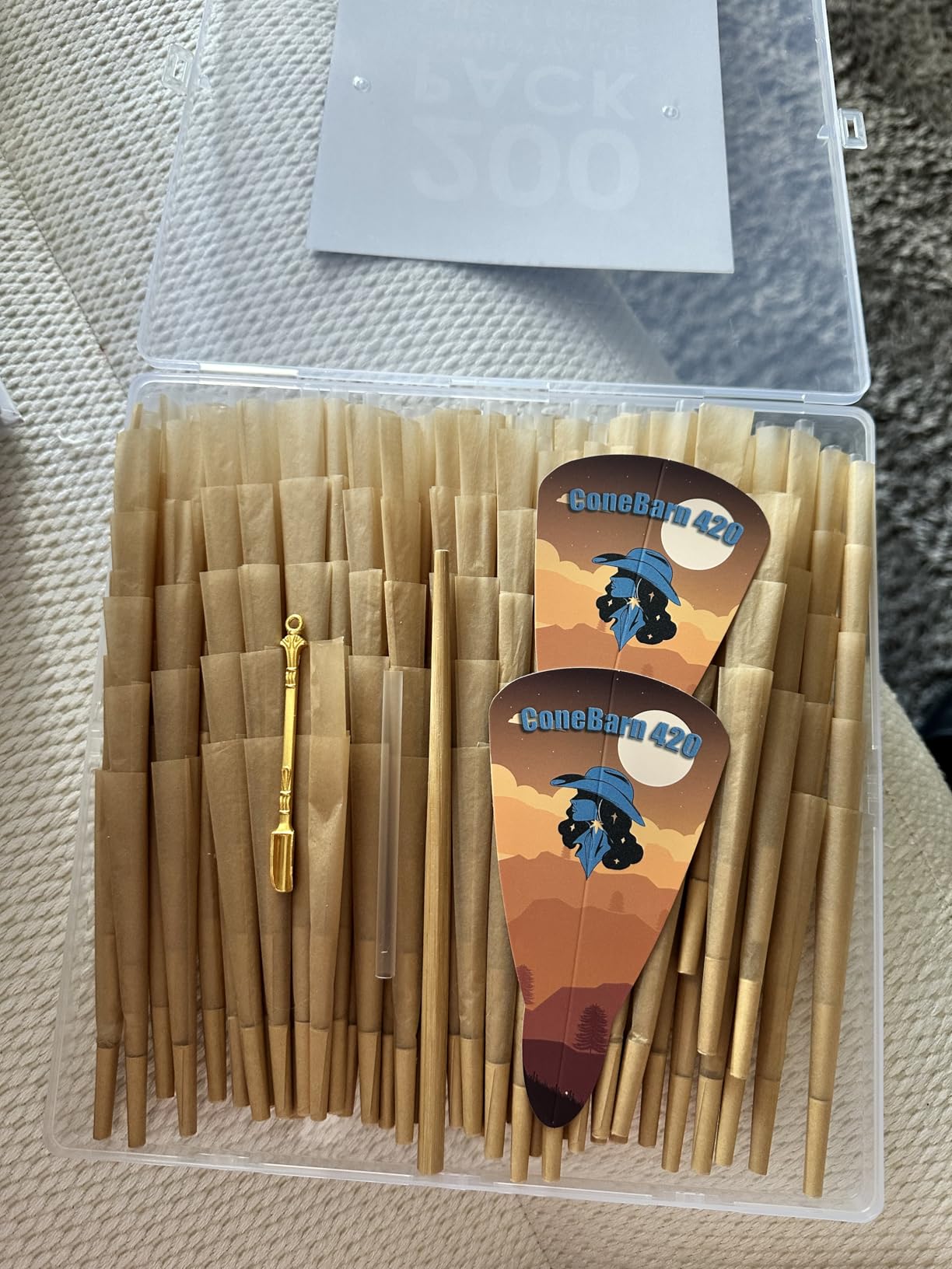 Customer photo showing the cones and packing tools inside the box
